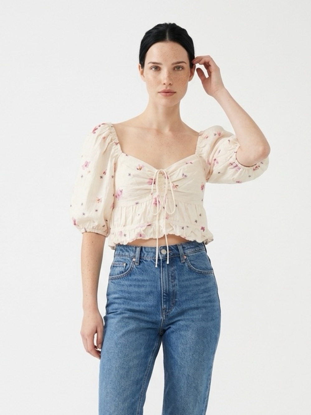 H&M Cream Floral Puff-Sleeve Tie-Front Crop Top Medium